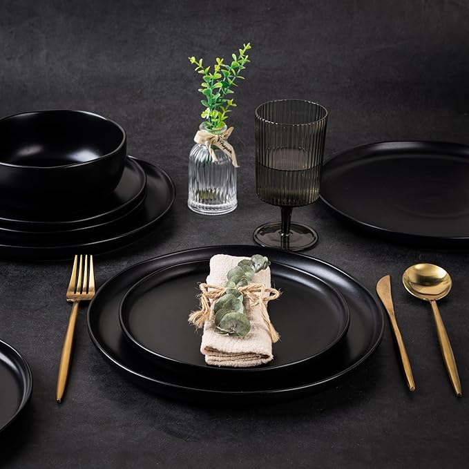 AmorArc Ceramic Dinner Plates Set of 6, Wavy Rim 10.5 Inch Stoneware Dish Set, Large Dinnerware Plates for Kitchen-Microwave&Dishwasher Safe, Scratch Resistant-Reactive Glaze Matte Black