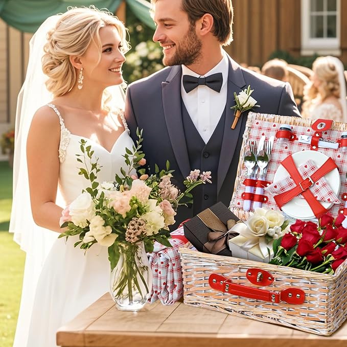 Picnic Basket Set for 4 with Waterproof Blanket Mat Insulation Bag Wicker Floral Pink Red Love Plaid Cute Kawaii Gift for Wedding Birthday Summer Camp Outdoor Camping Beach Travel Christmas