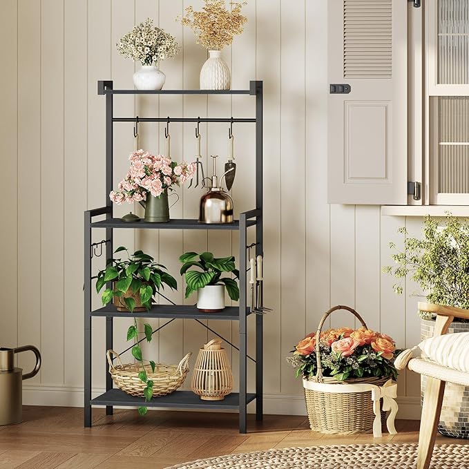 HOOBRO Kitchen Bakers Rack with Storage, 4 Tiers Coffee Bar Station, Microwave Stand with 8 S-Shaped Hooks, Kitchen Storage Shelf Rack for Small Spaces, Black BB04HB01