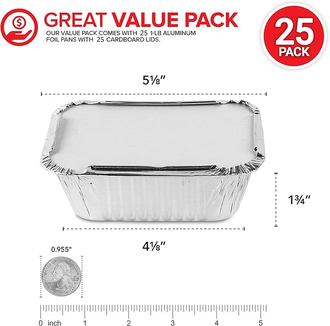 Stock Your Home 1 Lb Aluminum Disposable Cookware With Lids (25 Pack) - Foil Pans Cardboard Lids - Disposable & Recyclable Takeout Trays With Lids - Food Containers For Restaurants, Catering, Delis