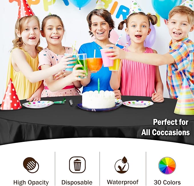 Exquisite Party Solids 12-Pack Premium Plastic Tablecloth 84in. Round Table Cover - Black