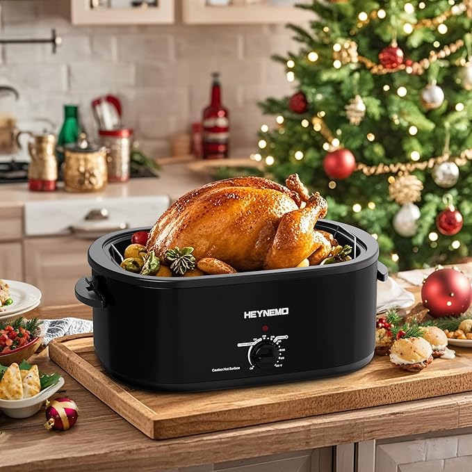 24QT Electric Roaster Oven, Electric Turkey Roaster with Viewing & Self-basting Lid, Stainless Steel Turkey Roaster Oven, Black