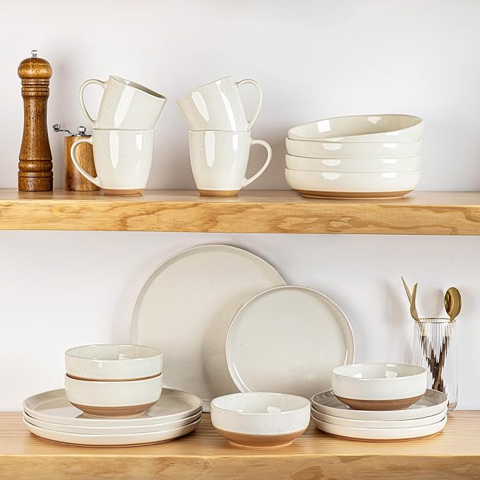 AmorArc Ceramic Dinnerware Sets for 6, 18 Pieces Handpainted Plates and Bowls Set with Rustic Terracotta Underside, Scratch Resistant Stoneware Dishes Set, Dishwasher & Microwave Safe,Light Beige