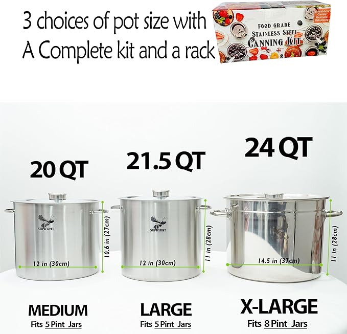Supa Ant 21.5 Qt. Stainless Steel Water Bath Canning Pot with Canning Supplies Starter Kit -Canning Rack,Food Grade Canning Ladle, Measuring Cups,Funnel,Tongs,Jar Lifter & Wrench,Lid Lifter,90x Labels