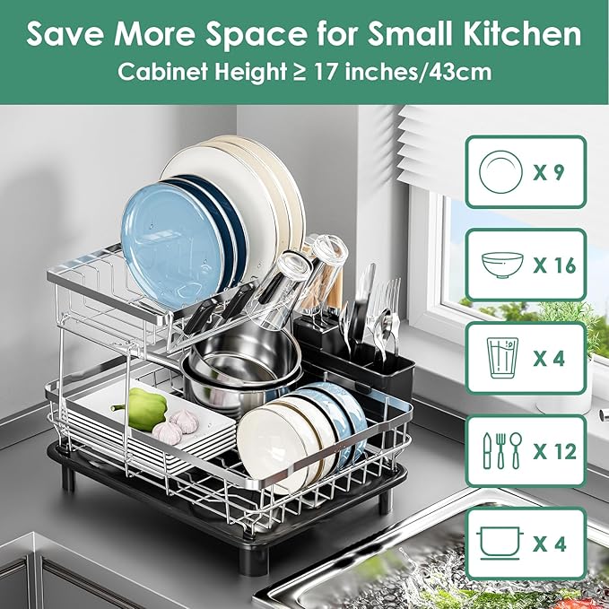 MOUKABAL Dish Drying Rack - 2 Tier Stainless Steel Dish Rack, Dish Racks for Kitchen Counter, Drying Rack Kitchen with Removable Utensil Holder and Drainboard (Black)