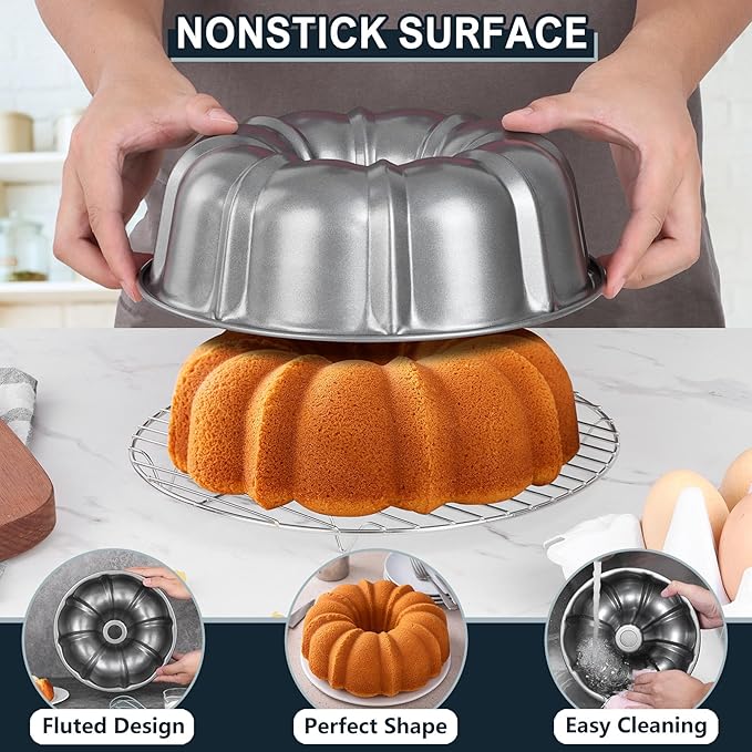 Homikit 10 Inch Nonstick Cake Pan, 10 Cups Heavy Duty Carbon Steel Fluted Tube Round Pans for Baking Meatloaf Jello Angel Food Cake Monkey Bread and More, Nonstick & Easy Release, Gray