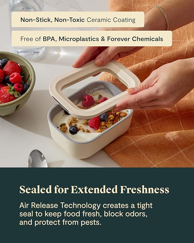 Caraway Mini Rectangle Food Storage Container - 2.6 Cup Glass Storage Container for Food - Non-Toxic Ceramic-Coated Glass - Air Release Technology - Compact & Stackable Design - Mist