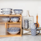 Ceramic Pasta Bowls Set - 40 Oz Porcelain Large Salad Bowls Serving - 9 Inch Wide Shallow Plate Bowls for Eating - Housewarming Wedding Gift - Oven Dishwasher Safe - Set of 4 - Vintage Blue