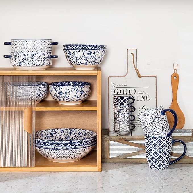 Ceramic Pasta Bowls Set - 40 Oz Porcelain Large Salad Bowls Serving - 9 Inch Wide Shallow Plate Bowls for Eating - Housewarming Wedding Gift - Oven Dishwasher Safe - Set of 4 - Vintage Blue