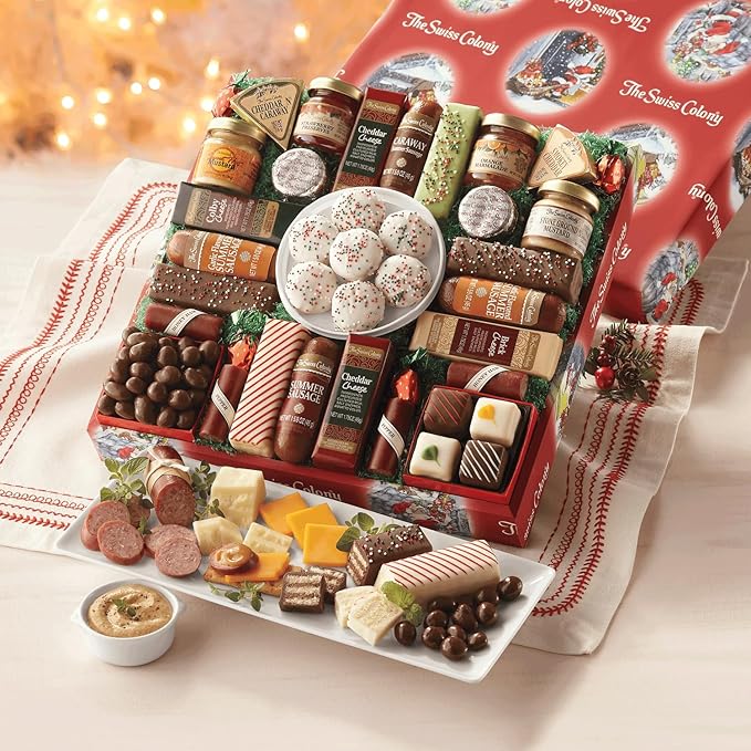 2 Red Gift Boxes - The Swiss Colony 27 Favorites Food Gift Set, Summer Sausage Meats and Cheeses, Assorted Chocolates, Candies, Petits Fours, Cheese & Charcuterie Board Gifts Basket, Holiday Christmas