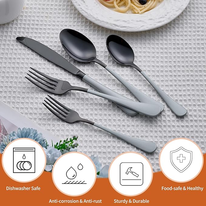 20 Piece Black gray 18/0 Flatware Utensil Set for 4, Include Dinner Knife,Dinner Forks,Dinner Spoons,Salad Forks,Teaspoons,Silverware Set for 4, Dishwasher Safe