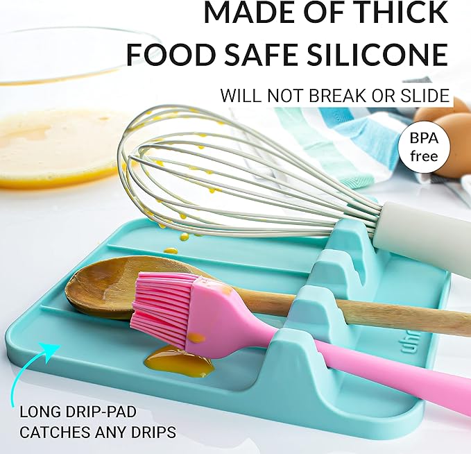 Silicone Spoon Rest for Multiple Utensils, Heat Resistant Utensil Rest for Stovetop, BPA-free Kitchen Utensil Holder with Drip Pad (Red)