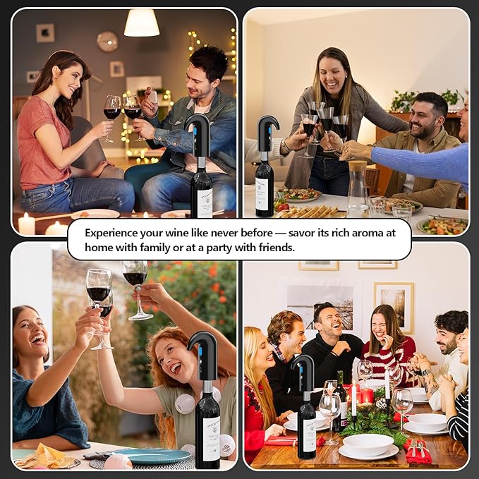 Electric Wine Aerator & Decanter Pump – Quiet Dual-Pump Aeration, Measured Pouring, Temp Display & USB Rechargeable System – Professional Wine Tool for Home Bars (Black)