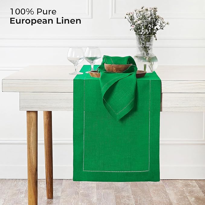 D'Moksha Homes Linen Kelly Green Table Runner 36 Inches - 100% Pure Linen Small Table Runner 14 x 36 Inch Ideal for Dresser, Coffee Tables, Fall and Halloween - Classic Hemstitch - Classic Hemstitch