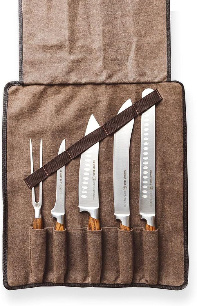 Zebra Wood 6-Piece BBQ Knife Set - Fully Forged Stainless Steel Grilling Utensils Including Brisket, Butcher, Chef's, Boning Knives, Carving Fork, Knife Carrying Roll