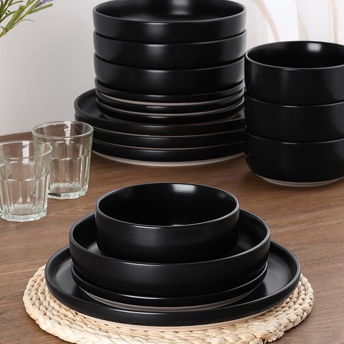 HaWare 16-Piece Plates and Bowls Set for 4, Stoneware Dinnerware Sets with Pasta Bowl, Dishes Set for Home Restaurant, Frosting Black