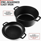 Uno Casa 2-in-1 Cast Iron Dutch Oven Large - 5 Quart Dutch Oven Pot with Lid, Pre-Seasoned Cooking Dish for Bread Baking and Stews - Heavy Duty Cast Iron Pot with Detachable Frying Pan Lid for Versatile Cooking