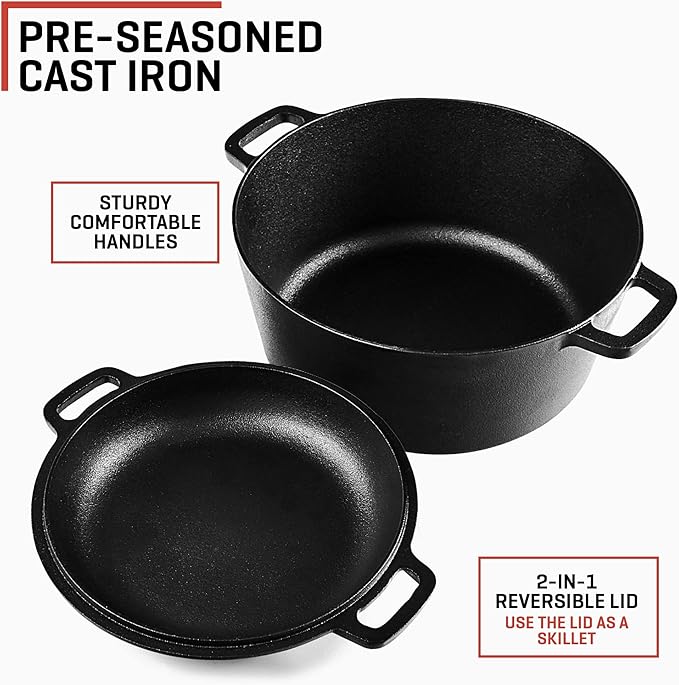 Uno Casa 2-in-1 Cast Iron Dutch Oven Large - 5 Quart Dutch Oven Pot with Lid, Pre-Seasoned Cooking Dish for Bread Baking and Stews - Heavy Duty Cast Iron Pot with Detachable Frying Pan Lid for Versatile Cooking