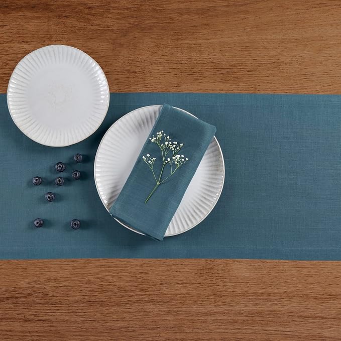 Solino Home Linen Table Runner 120 Inches Long - 100% Pure Linen Peacock Blue Table Runner 14 x 120 Inch for Summer - Fete