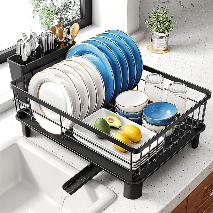 Dish Drying Rack - Small Dish Rack for Kitchen Counter, Stainless Steel Dish Drainer with Utensil Holder and Drainboard (Black)