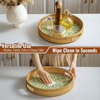 13.8 in Round Rattan Serving Tray with Handle, Mother of Pearl Inlay Wooden Base, Decorative Wicker for Table, Kitchen Island & Home Decor (Green Leaf)