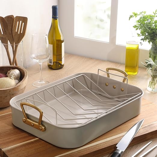 Gibson Home Broxton 2-Piece Nonstick Roaster Pan with Rack – 16 x 12 Inch Mint Green Turkey Roasting Pan with Cast Aluminum Gold Handles – Oven-Safe, Easy-Clean, Holiday Cookware