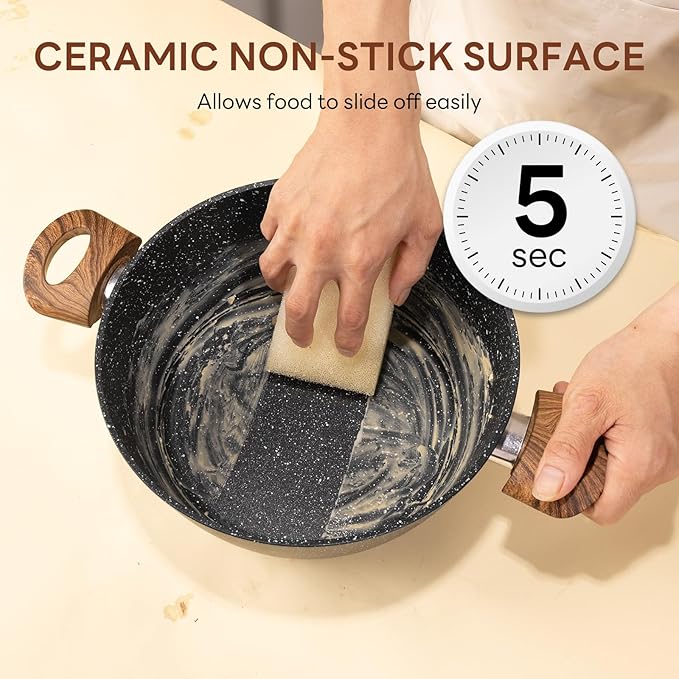 NEWBULIG Cookware Set, Nonstick & Non-Toxic Pots and Pans with Stay-Cool Handles, Induction Compatible, Black, 17 Pieces(6 Pot)