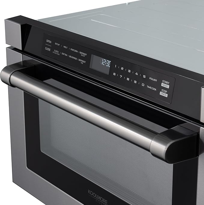 KoolMore Reserve 24 in. 1.2 cu. ft. Microwave Drawer with Electric Door Opening, 10 Power Levels, Sensor Cooking, Melt, Defrost, Bake, Roast, Broil, 1500 Watts, UL Certified in Black Stainless-Steel