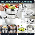 8+1 Stainless Steel Colander Set with Mixing Bowl, 4 Sizes (1.8QT, 2.3QT, 3QT, 4QT) with 1 Mesh Strainer, for Washing Rice, Fruits, Vegetables, Draining Pasta, Meat, and Spaghetti