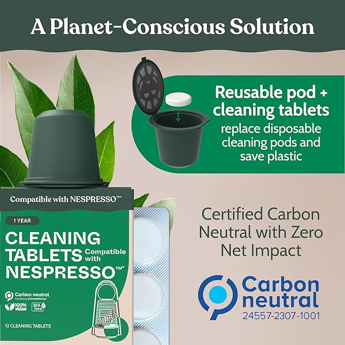 Roobi Cleaning Pods Compatible with Nespresso. Includes 1 Reusable Pod & 12 Cleaning Tablets. Specially Formulated for Originaline Machines. 1 Year Supply.
