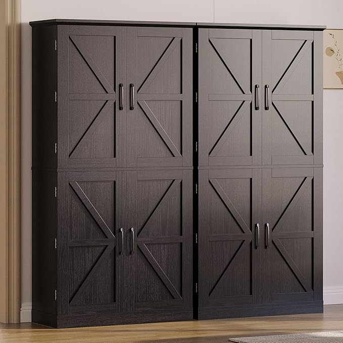 IRONCK Kitchen Pantry Storage Cabinet 72.8" H, 4 Barn Doors with Storage Rack, 4 Adjustable Shelves, Freestanding Cupboard for Dining Room Living Room, Laundry, Black