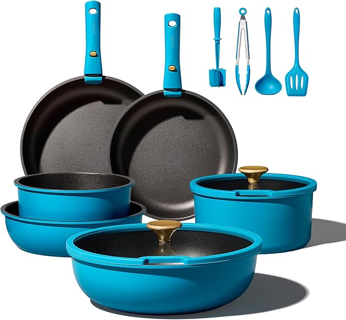 CAROTE 20pcs Pots and Pans Set, Nonstick Cookware Set Detachable Handle, Induction Kitchen Cookware Sets Non Stick with Removable Handle, RV Cookware Set, Peacock Blue