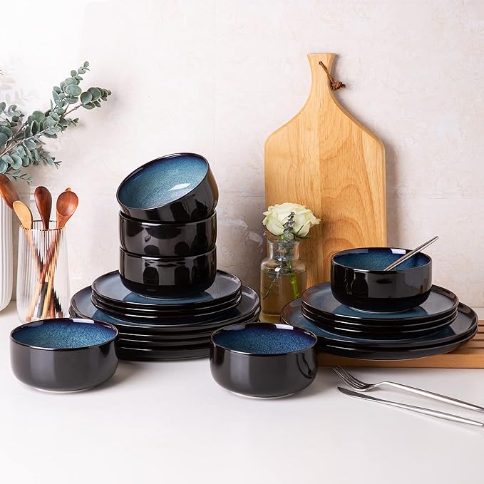 LERATIO Ceramic Plate Set of 6,8.5 Inch Reactive Glaze Light Weight Porcelain Salad Plates,Modern Shape Dinnerware Dishes Set for Kitchen,Microwave&Dishwasher&Oven Safe,Resistant-Indigo Blue