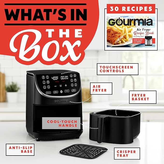 Gourmia Air Fryer Oven Digital Display 7 Quart Large AirFryer Cooker 12 Touch Cooking Presets, XL Air Fryer Basket 1700w Power Multifunction GAF716 Black and Stainless Steel Accents FRY FORCE 360°