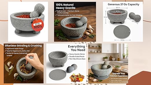 Granite Mortar and Pestle Set with Silicone Base – Large Guacamole Bowl and Masher, Herb Grinder, Spice Grinder, Garlic Smasher, Avocado Masher Tool, Stone Mill Grinder for Kitchen Spices