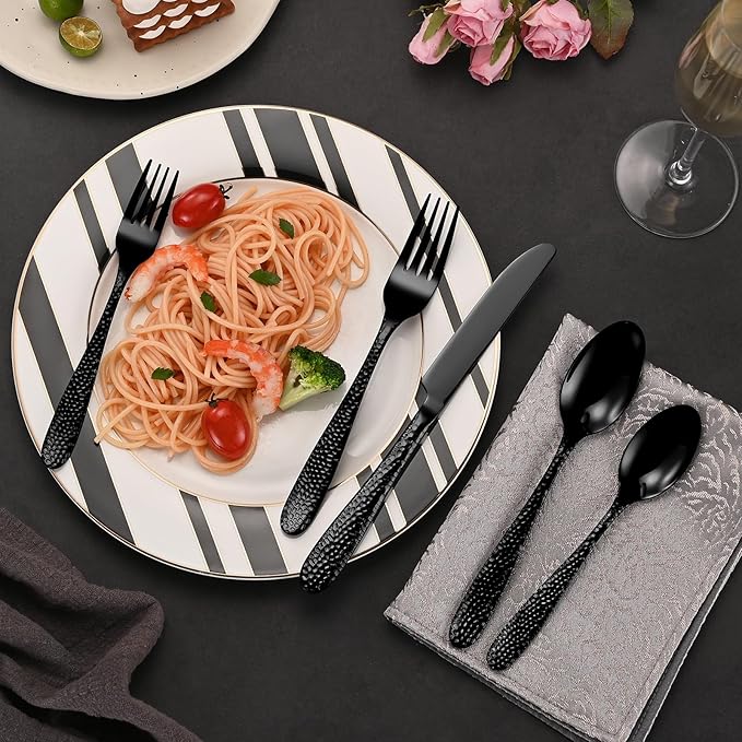 Black Hammered Silverware Set, 40-Piece Heavy Duty Stainless Steel Flatware Sets for 8, Food-Grade Cutlery Set for Home Restaurant, Mirror Polished, Dishwasher Safe