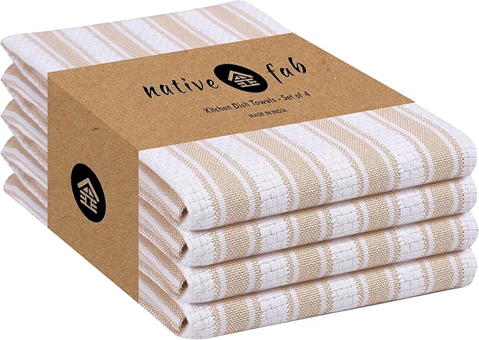 Native Fab Kitchen Dish Towels 16"x26" - Set of 4 - Absorbent Cotton Hand Towels, Restaurant Grade Dish Towels for Quick Drying, Cleaning, Dish Cloths Set with Hanging Loop - Beige and White