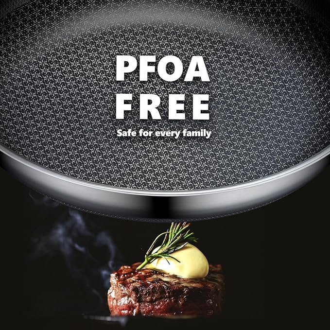 Non Stick Frying Pans Set with 2 Lid, Hybrid Skillet Set Nonstick (8+10+12inch), Pans for cooking, PFOA Free Stainless Steel Kitchen set, Dishwasher and Oven-Safe Cookware Sets