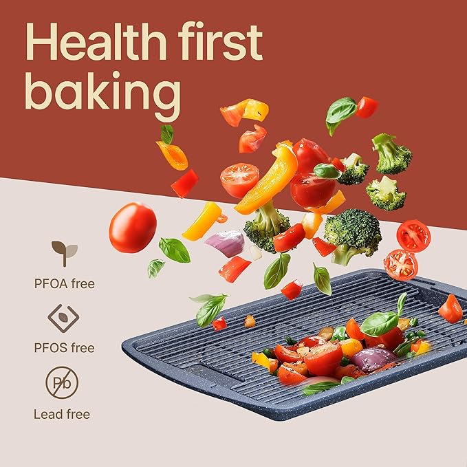 Cookie Sheet with Wire Rack Set, 2-Piece Nonstick Blue Marble Carbon Steel Pan & Cooling Rack, Space-Saving Stackable Set, PFOA, PFOS, PTFE Free, Oven Safe Up to 450°F, 17.4" Pan & 14.7" Rack