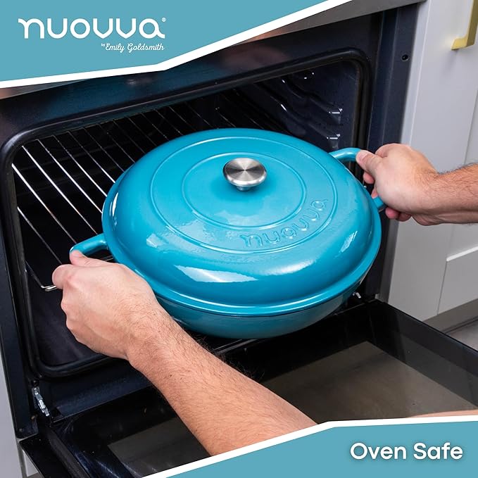 Shallow Cast Iron Casserole with Lid – Non Stick Dutch Oven Pot, Oven Safe up to 500° F – Sturdy Ovenproof Stockpot Cookware – Enamelled Cooking Pot – Blue, 5-Quart, 32cm – by Nuovva