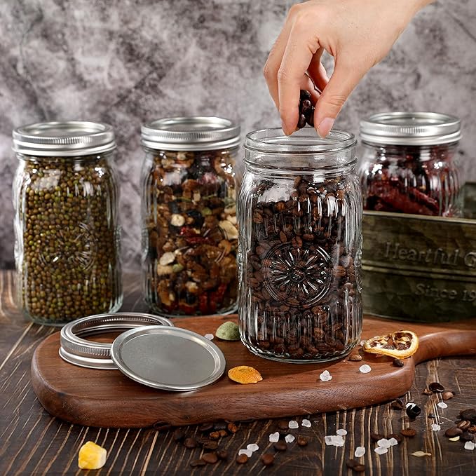 4 Pack 32 oz Wide Mouth Mason Jars with Airtight Lids - Glass Canning Jars for Food Preservation, Storage, Pickling, Crafts & DIY Projects, Durable Quart Glass Jars Dishwasher Safe
