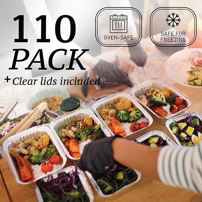 Spare Essentials 110 Pack - Small Aluminum Pans with Plastic Lids 1LB Disposable Baking Foil Containers, Takeout Food Storage, Freezer, for Restaurants & Catering - Size 5.5x4.5x1.9