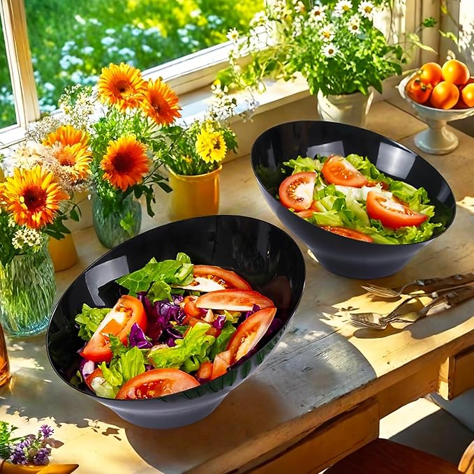 bUCLA 12 Pack Black Plastic Serving Bowls - 20 OZ Angled Bowls Disposable for Chip,Candy,Salad and Fruit - Ideal for Wedding, Party & Halloween