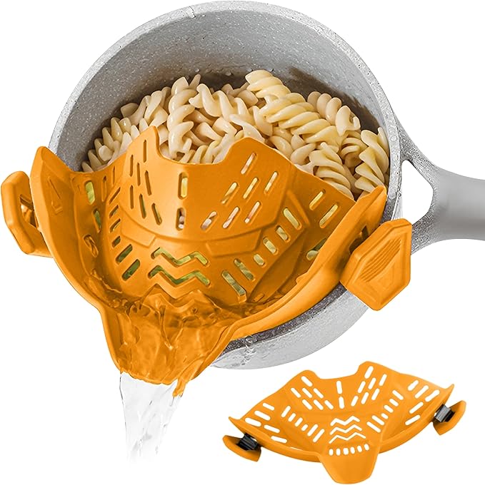 Clip On Strainer, Pot Strainer for Pasta, Vegetables, Fruit and Meat- Kitchen Silicone Strainer Colander for All Pots, Pans and Bowls (Orange)