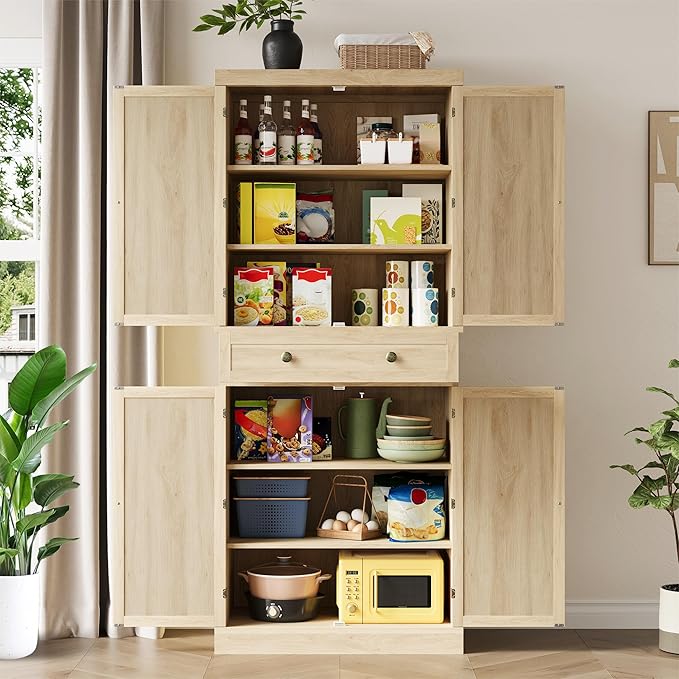 Garvee Pantry Cabinet, 72" Kitchen Pantry Storage Cabinet, Modern Farmhouse Kitchen Cupboard with Large Drawer, 2 Cabinets, 4 Adjustable Shelves, Freestanding Rattan Hutch for Dining Room Living Room