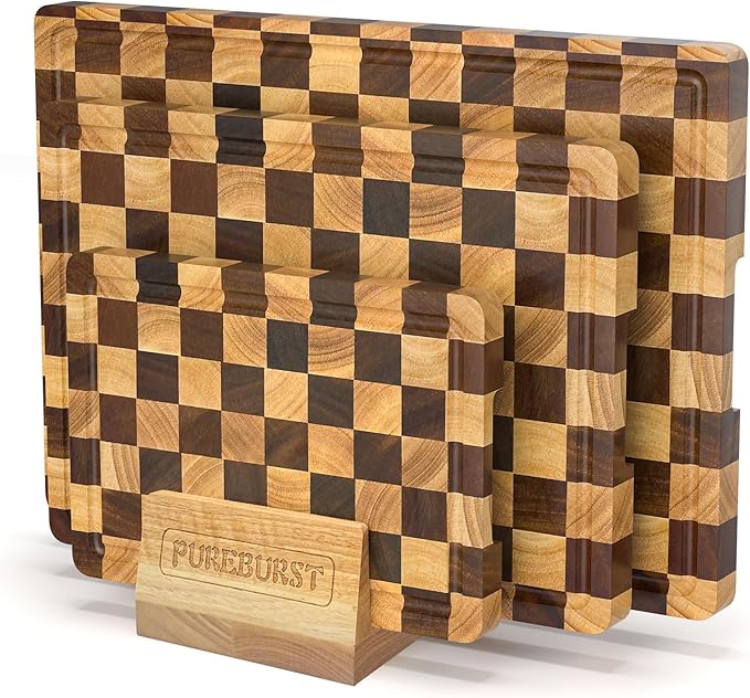 Checkered Cutting Boards for Kitchen, Walnut Rubber & Wooden Cutting Board Sets, Chopping Boards with Anti-Slip Base and Guide Groove, Chessboard Carving, Used for Cutting Vegetables Fruits & Meats
