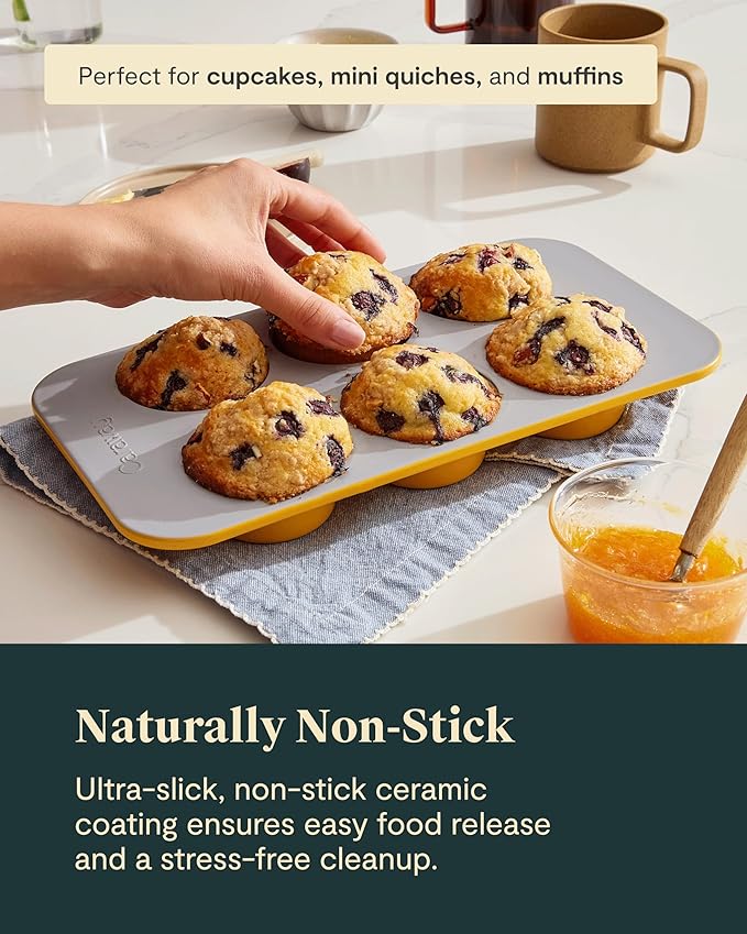 Caraway Nonstick Ceramic 6 Cup Muffin Pan – Non-Toxic, PTFE & PFOA Free – Oven Safe – Aluminized Steel Core – Small Muffin Pan for Baking Cupcakes, Muffins & More - White