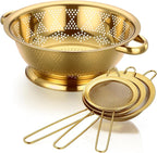 4 Pcs Gold Kitchen Accessories Includes Stainless Steel Colander and 3 Pcs Gold Fine Mesh Strainer Essential Kitchen Colander Strainers with Handles, Easy Clean and Dishwasher Safe(3.7 Qt)