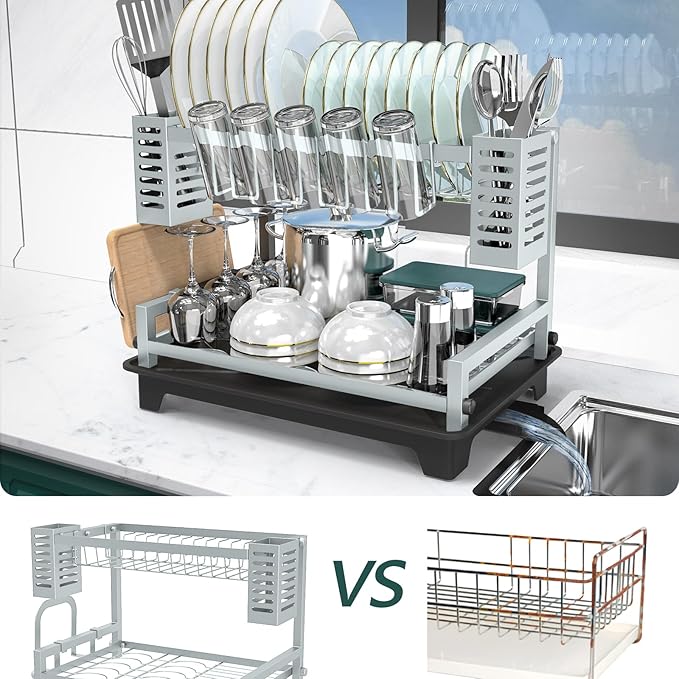 B-Land Dish Drying Rack, 2 Tier Dish Racks for Kitchen Counter, Large Dish Drying Rack with Drainboard & Utensil Holders, Rust-Proof Dish Drainers,Kitchen Organization