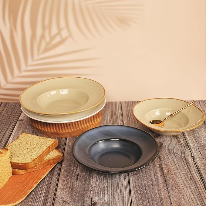 Pasta Plates with Rim 12 oz, Soup Bowl Pasta Bowl Set of 2, Shallow Bowl Plate, Ceramic Wide Rimmed Soup Bowl, Best choice for high-end restaurants, hotels, and foodies,11 Inch Beige